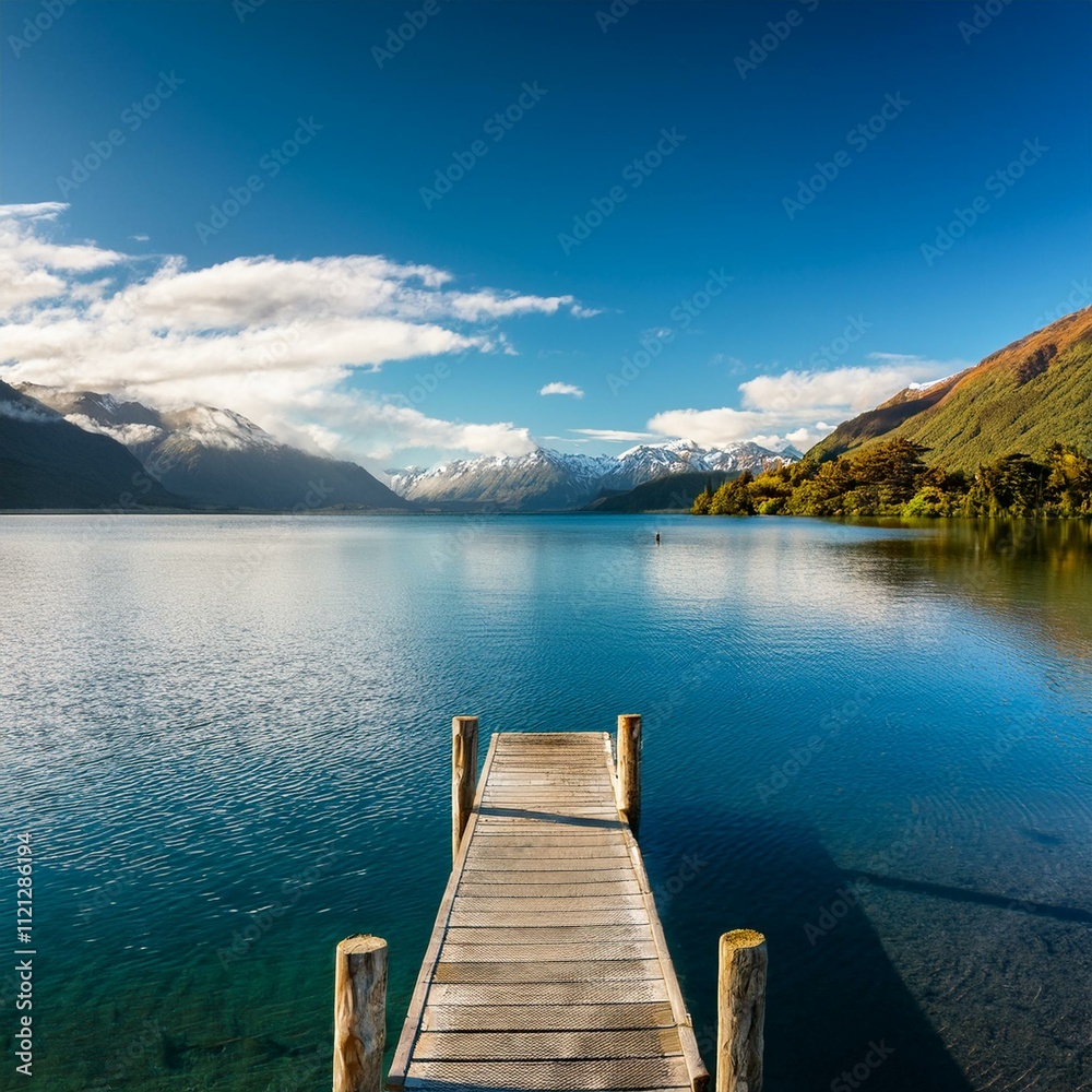 Tranquil peaceful lake with jetty New Zealand Concept Tranquil peaceful lake with jetty New Zealand Concept