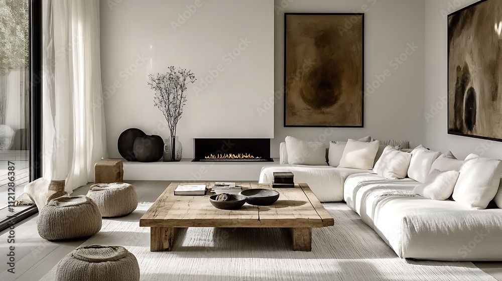 A sophisticated minimalist living room with a reclaimed barn wood coffee table, a sleek white fireplace as the focal point, a modern corner sofa in muted tones with textured cushions, A sophisticated minimalist living room with a reclaimed barn wood coffee table, a sleek white fireplace as the focal point, a modern corner sofa in muted tones with textured cushions,