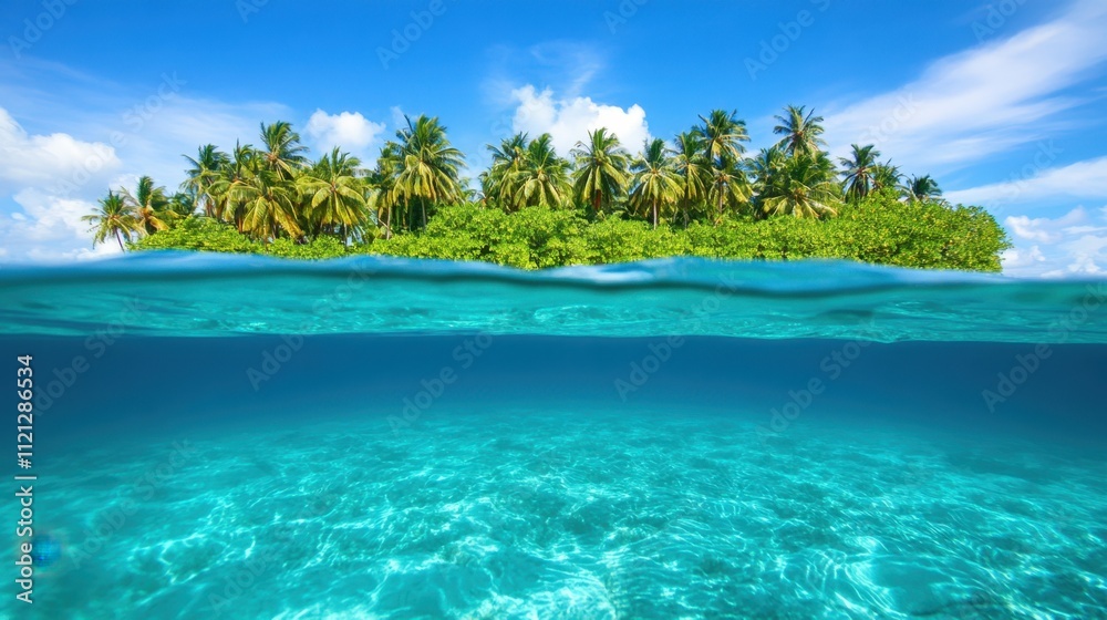 Lush Tropical Island Landscape with Clear Blue Water Beneath Bright Sky Lush Tropical Island Landscape with Clear Blue Water Beneath Bright Sky