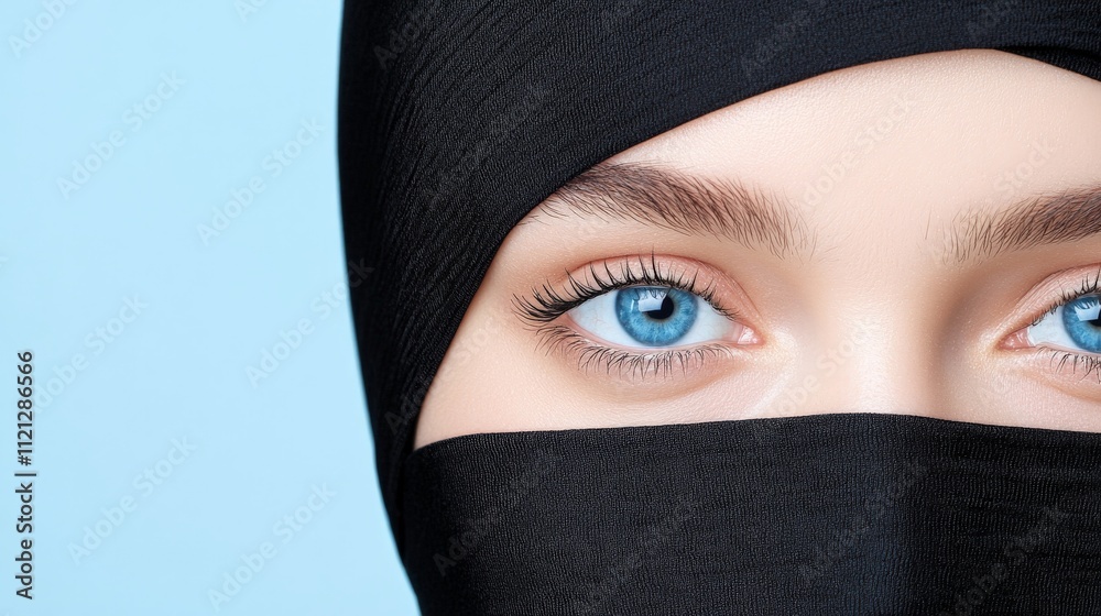 Intriguing Gaze: Close-up portrait of a woman wearing a black hijab, her piercing blue eyes captivating the viewer against a soft blue background. The image evokes a sense of mystery and intrigue. Intriguing Gaze: Close-up portrait of a woman wearing a black hijab, her piercing blue eyes captivating the viewer against a soft blue background. The image evokes a sense of mystery and intrigue.