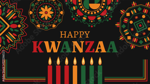 Black background with happy kwanzaa greeting and colorful geometric patterns celebrating african harvest festival. Vector illustration.