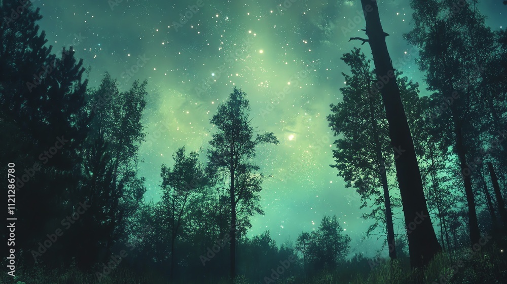 Enchanting night forest scene under a vibrant, starry sky.