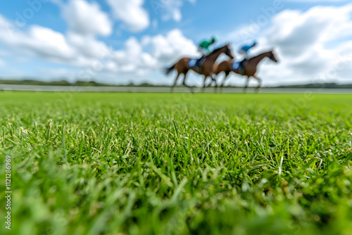 Horse racetrack with a well-maintained dirt track, surrounded by green grass, grandstands, and a vibrant atmosphere, capturing the excitement and tradition of horse racing events photo