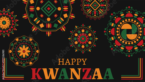 Black background with happy kwanzaa greeting and colorful geometric patterns celebrating african harvest festival. Vector illustration.