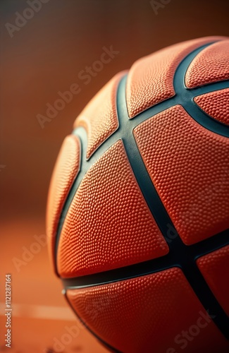 Closeup basketball. Orange ball in pro stadium. Action-packed moment. Intense game. Athletes display teamwork. Crowd excitement. Game day energy. Professional sports atmosphere. Thrilling plays. photo