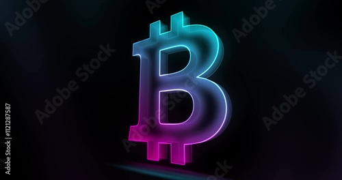 Bitcoin crypto currency digital money technology blockchain glass style symbol seamless and looped. Colour transparent 3d light neon rotated icon concept abstract animation.