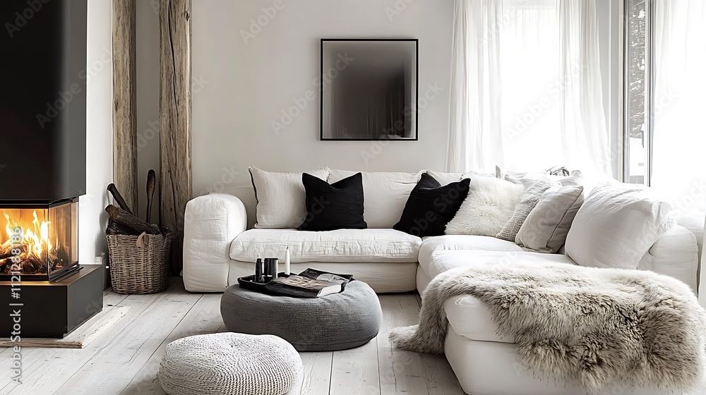 Fototapeta premium A minimalist living room featuring a white corner sofa with plush fur pillows, a matte black fireplace glowing softly, and raw wooden flooring, soft natural light streaming through sheer curtains,