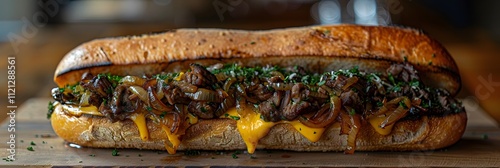 Caf A's mouthwatering hamburguesa coarsely chopped roast beef caramelized onions and melted cheese on a crispy baguette photo