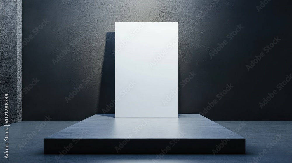 Minimalist Display of Blank Canvas on Pedestal Against Dark Background Minimalist Display of Blank Canvas on Pedestal Against Dark Background