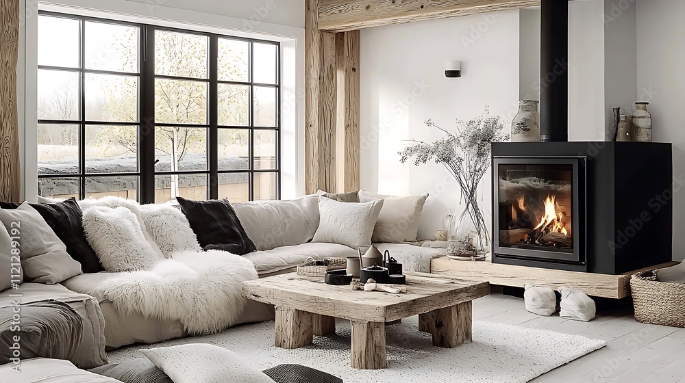 A serene rustic-modern space featuring a beige corner sofa with fluffy pillows, a minimalist black fireplace glowing gently, reclaimed wooden furniture with natural textures, A serene rustic-modern space featuring a beige corner sofa with fluffy pillows, a minimalist black fireplace glowing gently, reclaimed wooden furniture with natural textures,