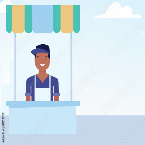 An african-american cashier standing behind a cash counter on a city background vector flat design illustration. Vertical layout.