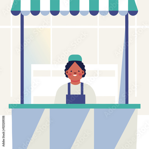 Woman cashier at the counter in the store. Vector illustration.