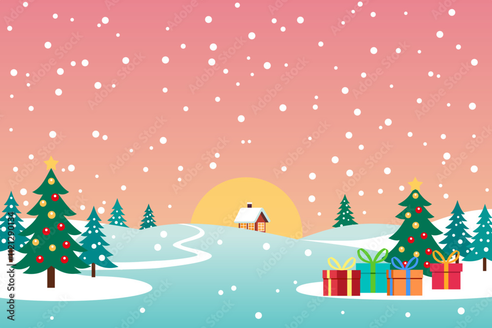landscape with snow house sunset christmas trees background landscape with snow house sunset christmas trees background