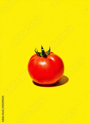 Vivid red tomato on bright yellow background showcasing fresh produce