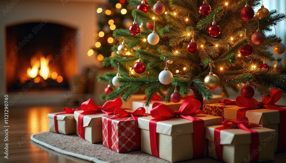 A Beautiful Winter Holiday Tree Adorned with Lights and Presents Piled Beneath Ready for Christmas Morning Excitement A Beautiful Winter Holiday Tree Adorned with Lights and Presents Piled Beneath Ready for Christmas Morning Excitement