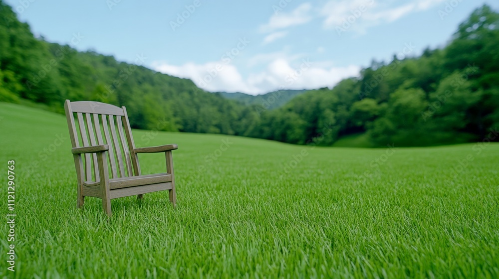Solitude in the Meadow: A lone wooden chair sits in a vast green meadow, framed by rolling hills and a bright blue sky. A sense of tranquility and peace radiates from this image. Solitude in the Meadow: A lone wooden chair sits in a vast green meadow, framed by rolling hills and a bright blue sky. A sense of tranquility and peace radiates from this image.