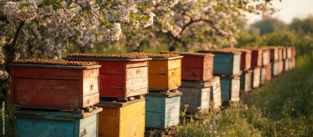 Naklejka premium A row of colorful beehives stand under a blossoming tree in a sunny meadow.