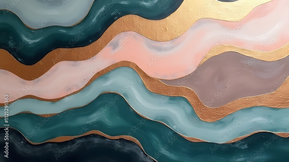 Modern Abstract Art with Teal Charcoal Gray and Peach Tones Featuring Bronze Streaks and Glossy Finish Modern Abstract Art with Teal Charcoal Gray and Peach Tones Featuring Bronze Streaks and Glossy Finish