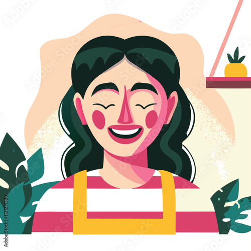 Happy smiling woman in apron. Vector illustration in flat style.