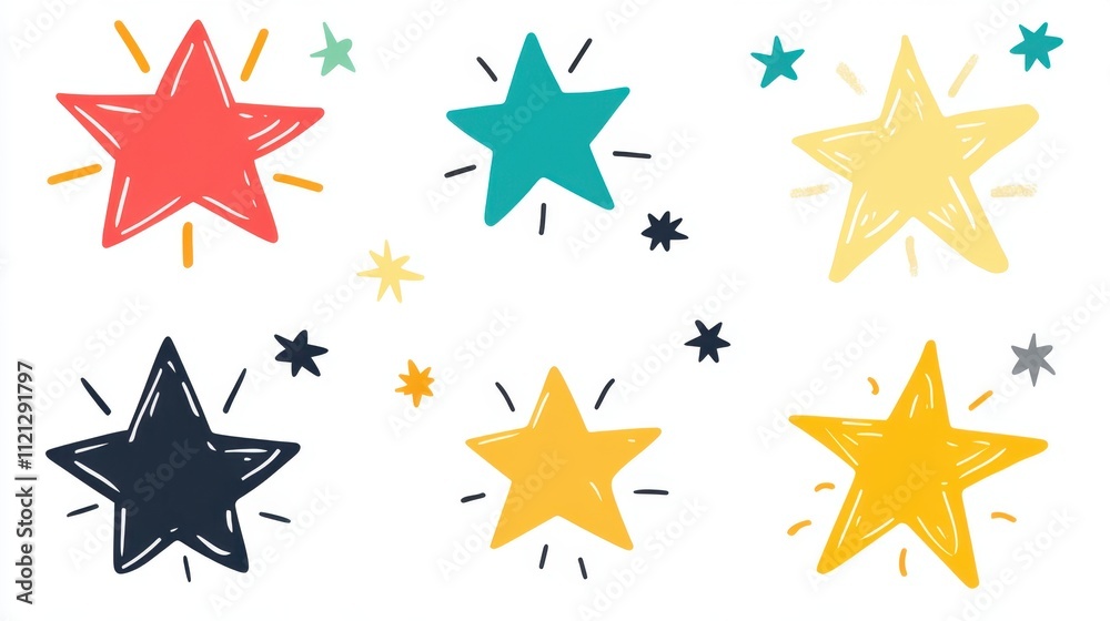 Colorful Hand-Drawn Stars with Doodle Elements on White Background Colorful Hand-Drawn Stars with Doodle Elements on White Background