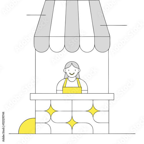 Flat line illustration of a woman in apron standing at the counter.