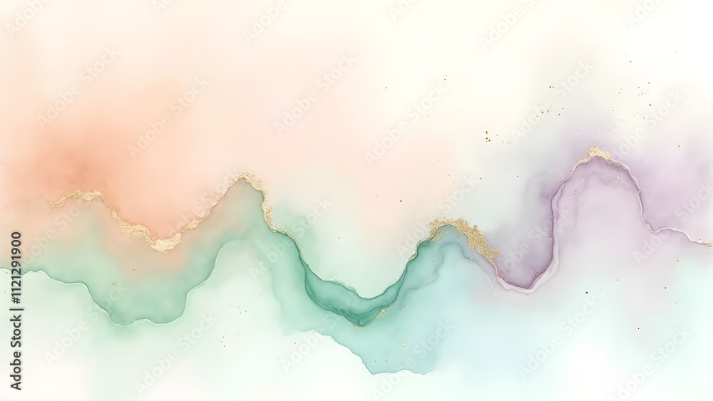 Delicate Watercolor Abstract Art with Dusty Peach Mint Green Lilac Tones and Gold Speckles Delicate Watercolor Abstract Art with Dusty Peach Mint Green Lilac Tones and Gold Speckles