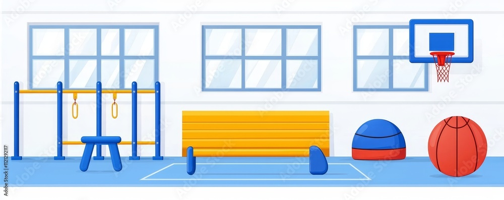 Obraz premium Basketball and soccer balls, baskets on walls, bars, tribune, pommel horse, empty gym court featuring sports accessories. Cartoon illustration of a modern gym.