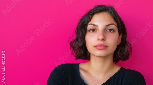 Female Portrait with Short Hair against a Bright Pink Background