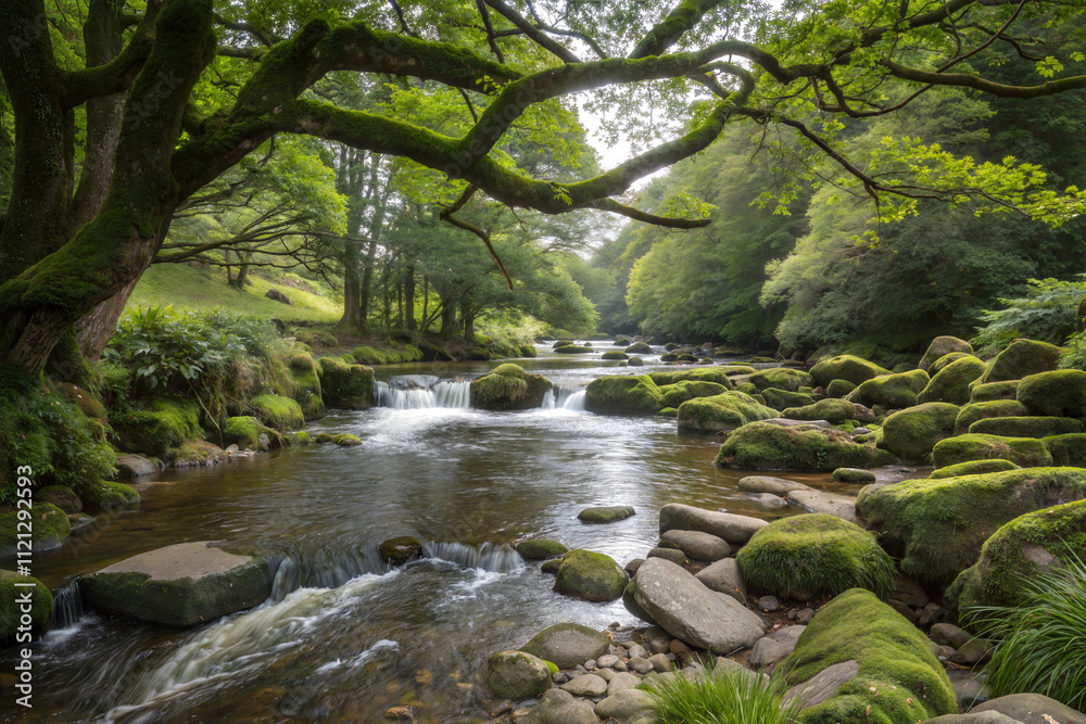 Flowing River with Mossy Stones and Overhanging Trees Flowing River with Mossy Stones and Overhanging Trees