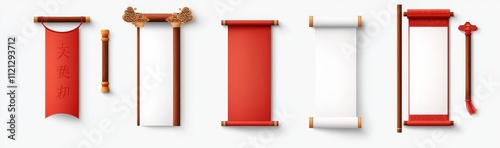 Set of Chinese paper scroll modern banners. Japanese dialogue frame on transparent background. Blank old realistic parchment golden roll isolated on transparent background.