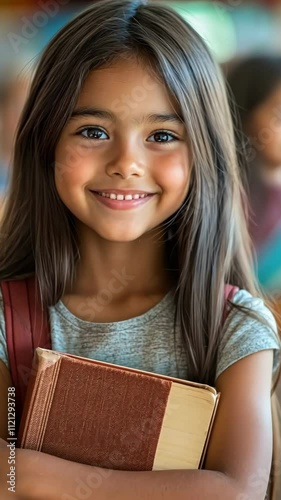 A cheerful girl stands in a classroom holding a book close to her chest, exuding joy and confidence