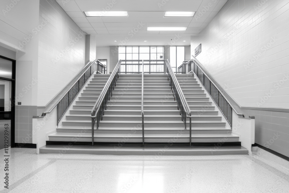 Wide staircase in a modern, well-lit building interior, featuring sleek metal handrails and polished flooring, leading towards large windows with natural light streaming in.