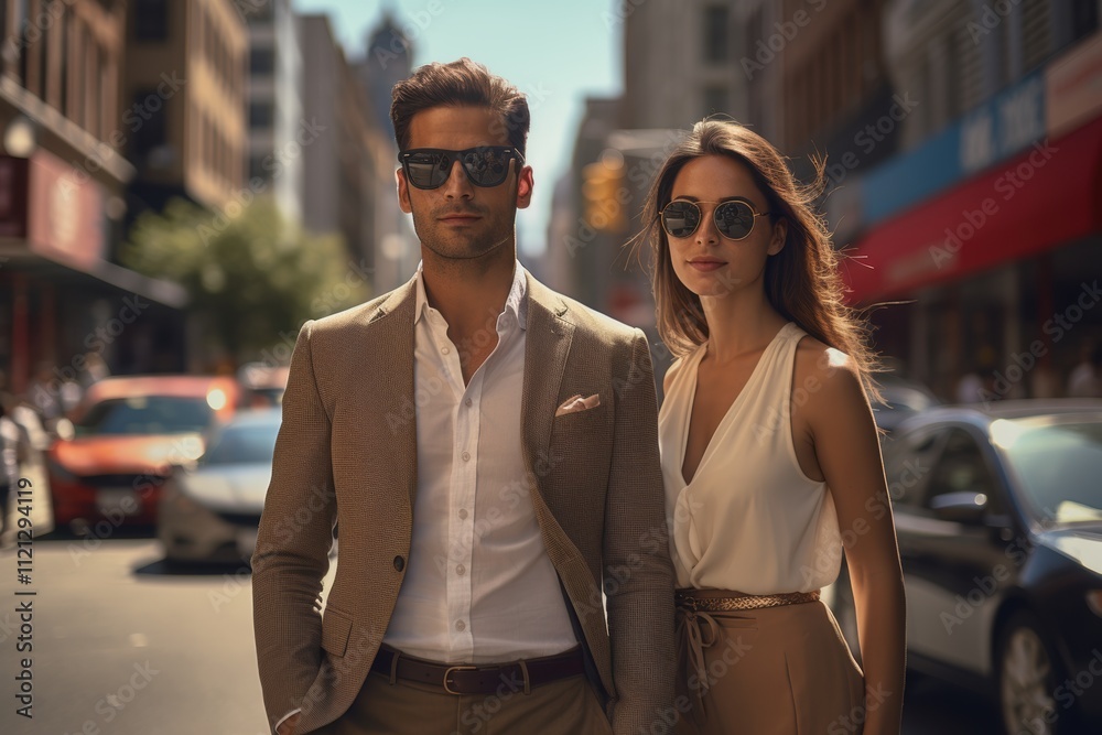Obraz premium A man and a woman are standing on a city street, both wearing sunglasses