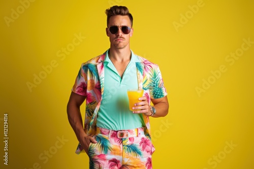 A man in a Hawaiian shirt and shorts holding a glass of orange juice