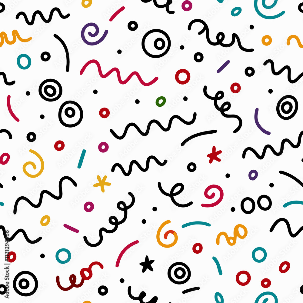 Colorful abstract seamless pattern with wavy lines, circles, and stars on white background.