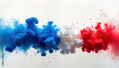 Vibrant abstract art design. Red white, blue colored ink splash. Colorful cloud explosion. Creative, dynamic image for backgrounds. Patriotic colors celebrate national holidays like Memorial Day, photo