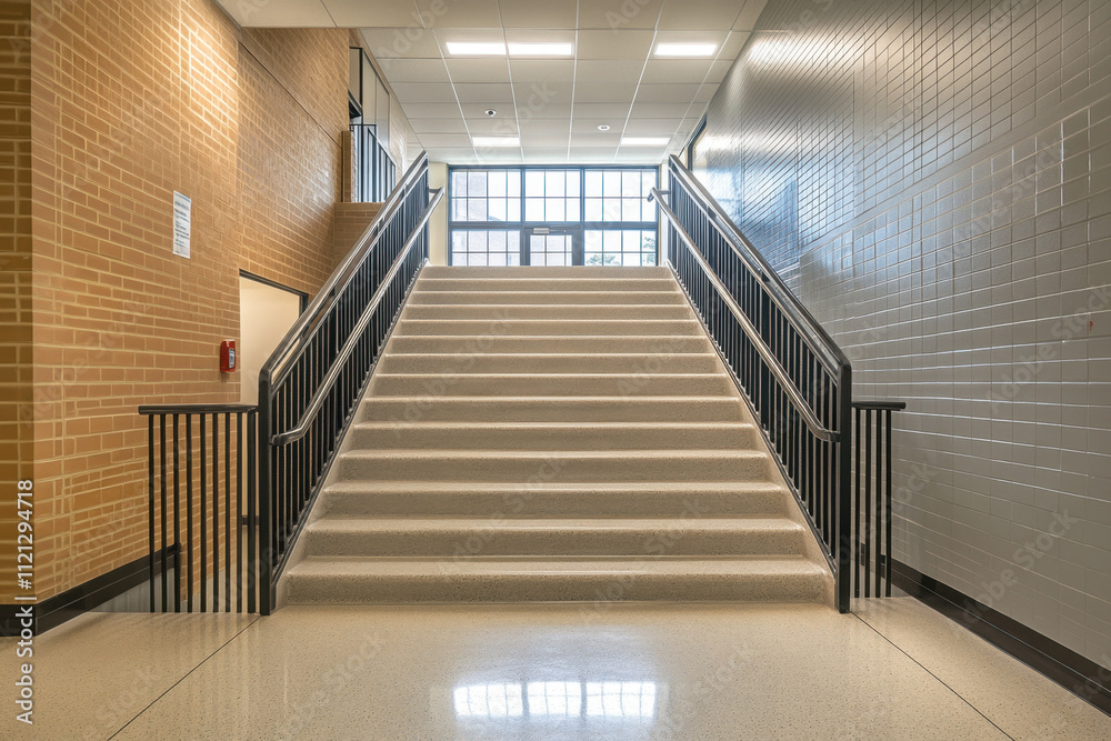 Bright, spacious staircase in a modern school hallway with brick and tiled walls, illuminated by natural light from large windows. Bright, spacious staircase in a modern school hallway with brick and tiled walls, illuminated by natural light from large windows.