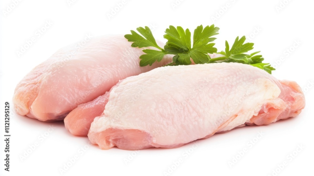 Fresh Raw Chicken Thighs with Green Parsley on White Background Fresh Raw Chicken Thighs with Green Parsley on White Background
