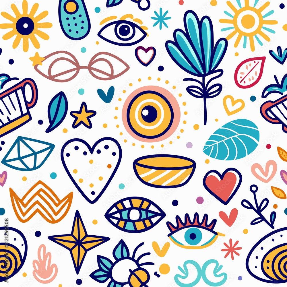 Colorful doodle seamless pattern with eyes, hearts, flowers, and abstract shapes on white background. Colorful doodle seamless pattern with eyes, hearts, flowers, and abstract shapes on white background.