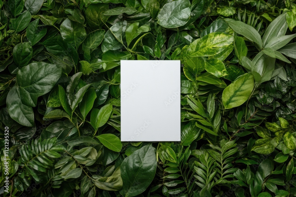 緑の葉に囲まれた白い紙が静かに置かれている様子