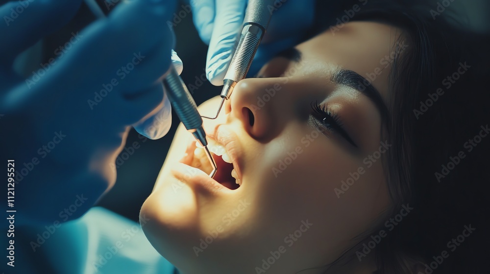 A dentist examines a patient's teeth with a dental mirror and a light. A dentist examines a patient's teeth with a dental mirror and a light.