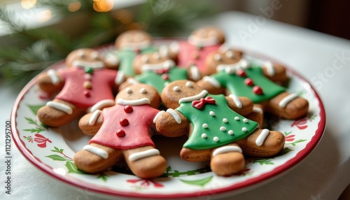 Gingerbread Men and Women Cookies with Icing and Colorful Decorations on a Festive Plate Ready for Holiday Enjoyment