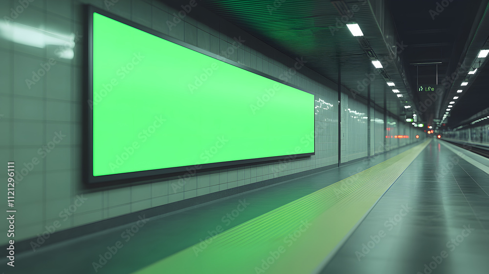 Vertical digital display pillar with a pure chroma-green screen in a subway, ready for advertisements or announcements, set against the modern, bustling atmosphere of an underground station Vertical digital display pillar with a pure chroma-green screen in a subway, ready for advertisements or announcements, set against the modern, bustling atmosphere of an underground station