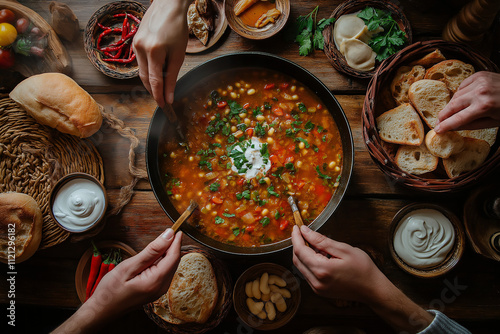 Steaming Ciorbă de burtă on a rustic table with sour cream, vinegar, and pickled chili peppers. Warm lighting highlights the cozy, communal atmosphere and vibrant garnishes. photo