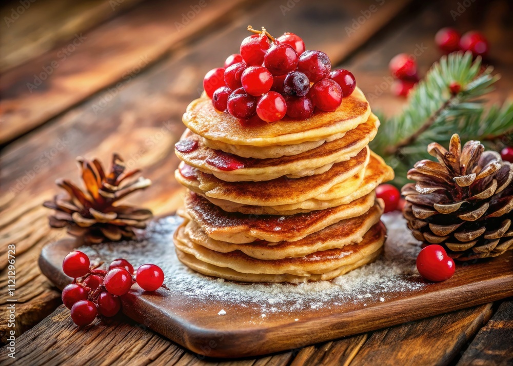 Aerial View Fluffy Pancakes Red Currants Pinecones Rustic Autumn Breakfast Food Photography Aerial View Fluffy Pancakes Red Currants Pinecones Rustic Autumn Breakfast Food Photography