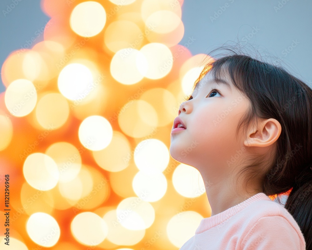 Young Girl in Front of Glowing Christmas Tree Lights with a Dreamy Expression Young Girl in Front of Glowing Christmas Tree Lights with a Dreamy Expression
