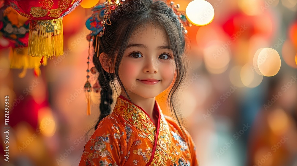 Young girl in traditional attire smiling at a festive celebration Young girl in traditional attire smiling at a festive celebration