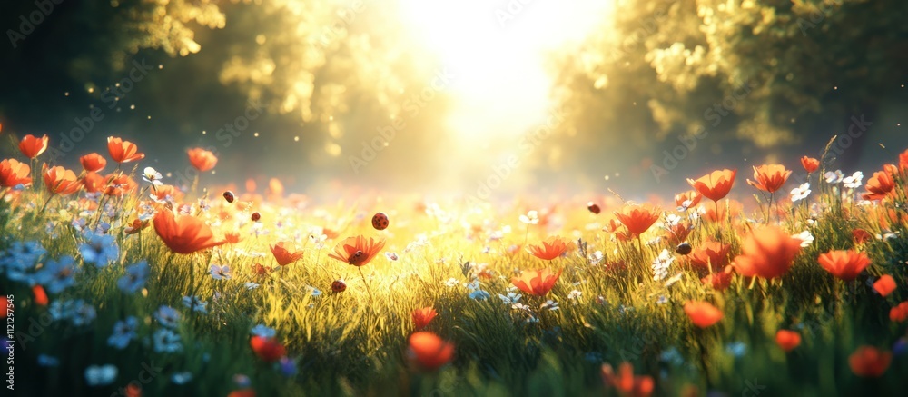 Fototapeta premium A field of wildflowers bathed in sunlight, creating a magical and ethereal atmosphere.