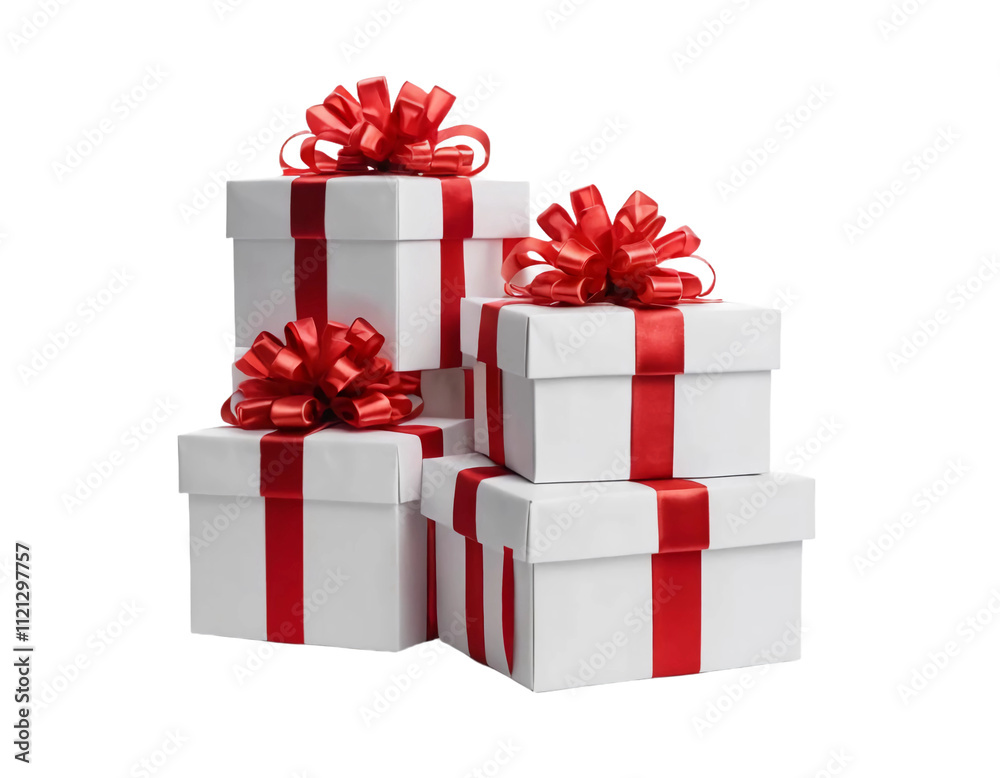 Fototapeta premium White christmas boxes tied with red ribbon isolated on white background. Suitable for marketing or business purposes. PNG file