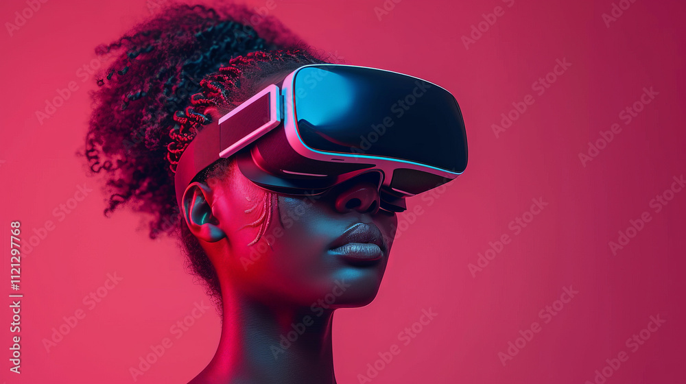 Person with vr headsets AI in front of pink background Person with vr headsets AI in front of pink background